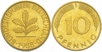 ФРГ 10 ПФЕННИГОВ 1988 F KM 108, J.383 сталь плакированная латунью 3996-714