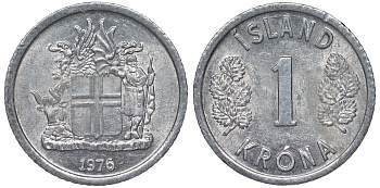 Исландия 1 крона 1976 KM 23 алюминий 4124-459