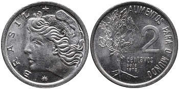Бразилия 2 сентаво 1975 соя, ФАО KM 586 нержавеющия сталь UNC 4576-1163