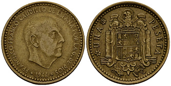 Испания 1 песета 1966 Франсиско Франко (1939-1975) KM 796 алюминиевая бронза 4176-317