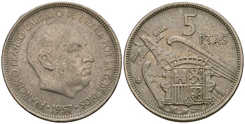 Испания 5 песет 1957 (71) Франсиско Франко (1939-1975) KM 786 медно-никель 186-722
