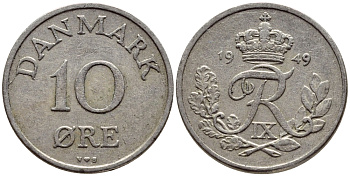 ДАНИЯ 10 ЭРЕ 1949 N; S, ФРЕДЕРИК IX (1947-1972) KM 841.1 медно-никель 4398-912