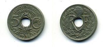 ФРАНЦИЯ 5 САНТИМОВ 1934 ТИП ЛИНДАЙЁ KM 875 медно-никель 84-312