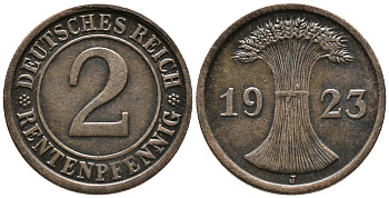 ГЕРМАНИЯ 2 РЕНТЕНПФЕННИГА 1923 J KM 31, J. 307 бронза 24-427