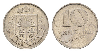 Латвия 10 сантимов 1922 год-тип KM 4 никель 4658-1217