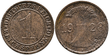 ГЕРМАНИЯ 1 РЕЙХСПФЕННИГ 1928 F KM 37, J.313 бронза 179-544