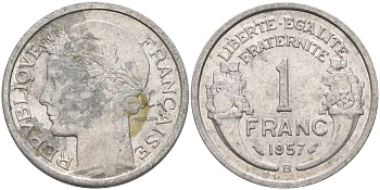 Франция 1 франк 1957 В, тип Lourde KM 885а.2, Le Franc 221.20 алюминий 4126-911
