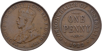 АВСТРАЛИЯ 1 ПЕННИ 1922 ГЕОРГ V KM 23 бронза 82-716