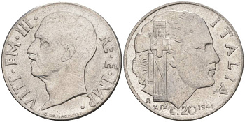 ИТАЛИЯ 20 ЧЕНТЕЗИМО 1941 R, ГОД XIX, ВИКТОР ЭММАНУИЛ III (1900-1946) KM 75b, VEM3. 1028 нержавеющая сталь 3853-822