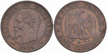 Франция 5 сантимов 1855 BB, Наполеон III (1852-1870) KM 777.3, LE FRANC 116.20 бронза 108-324