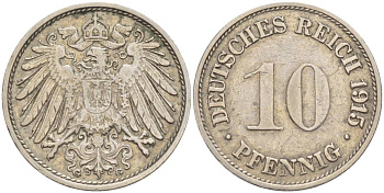 ГЕРМАНИЯ 10 ПФЕННИГОВ 1915 G, САМАЯ РЕДКАЯ МОНЕТА ЭТОГО ТИПАЖА KM 12, Jager 13, Weege 8 медно-никель 1520-1224