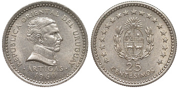 Уругвай 25 сентесимо 1960 KM 40 медно-никель 4580-1265