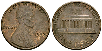 США 1 цент 1982 D, Линкольн KM 201 медь цинк 4136-223