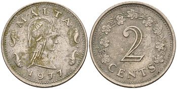 Мальта 2 цента 1977 Пентесилея, царица амазонок KM 9 медь цинк 4596-822