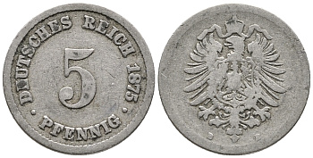 ГЕРМАНИЯ 5 ПФЕННИГОВ 1875 B, СТАРОГЕРБОВКА KM 3, J. 3 медно-никель 39-337