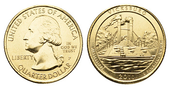 США 1/4 доллара (25 центов) 2011 Квотеры «Парки США» - Национальный парк Виксбург KM 497 медь плакированная золотом UNC 11-265-51