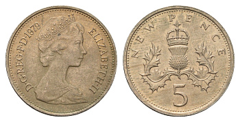 Великобритания 5 пенсов 1979 Елизавета II (1952-2022) KM 911, Spink 4233 (D1) медно-никель 4673-916