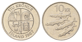 Исландия 10 крон 1987 рыбы KM 29.1 медно-никель 4691-236