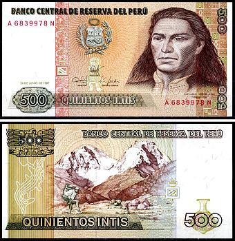 Перу 500 инти 1987 Хосе Габриель, Тупак Амару II, южноамериканский революционер, организатор восстания коренных народов против испанских колониальных властей в перу, альпинисты на восхождении Pick 134 b бумага UNC (пресс) 402-49-2-2
