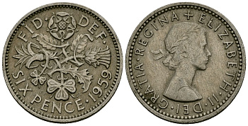 Великобритания 6 пенсов 1959 Елизавета II (1952-2022) KM 903, Spink 4149 медно-никель 4174-215