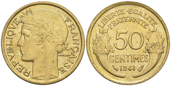 ФРАНЦИЯ 50 САНТИМОВ 1941 ТИП MORLON KM 894.1, LE FRANC 192.18 алюминиевая бронза 44-461