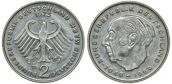 ФРГ 2 МАРКИ 1975 D, ТЕОДОР ХОЙС KM 127, J. 407 медно-никель плакированный никелем плакированный никелем UNC 72-551