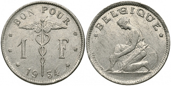 БЕЛЬГИЯ 1 ФРАНК 1934 BELGIQUE KM 89 никель 51-2131