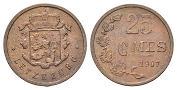 Люксембург 25 сантимов 1947 Шарлотта (1918-1964) KM 45 бронза 4668-1129