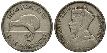 Новая Зеландия 1 флорин 1933 Георг V (1910-1936), птичка киви KM 4 серебро 272-1221
