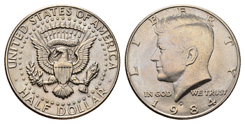 США 1/2 доллара (50 центов) 1984 P, Джон Кеннеди KM A202b медь плакированная медно-никелем UNC 4672-623