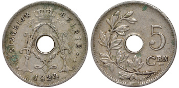 Бельгия 5 сантимов 1924 Belgie KM 67 медно-никель 4164-267