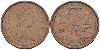 Канада 1 цент 1985 Елизавета II (1952-2022), кленовый лист KM 132 бронза 54-967