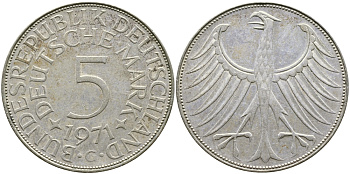 ФРГ 5 марок 1971 G, KM 112.1, J. 387 серебро 4680-134