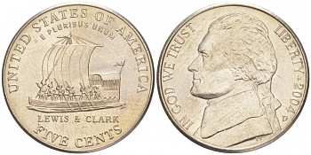 США 5 центов 2004 D, серия 200 лет экспедиции Льюиса и Кларка, лодка KM 361 медно-никель UNC M32-12