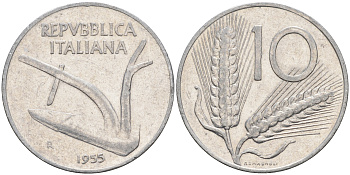 Италия 10 лир 1955 R, плуг KM 93 алюминий    4595-147