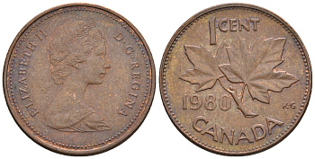 Канада 1 цент 1980 Елизавета II (1952-2022), кленовый лист KM 127 бронза 4609-152