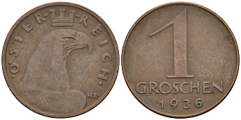 Австрия 1 грош 1936 KM 2836 бронза 4152-111