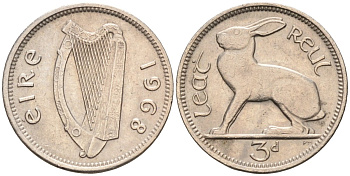 Ирландия 3 пенса 1968 заяц KM 12а медно-никель 4580-168