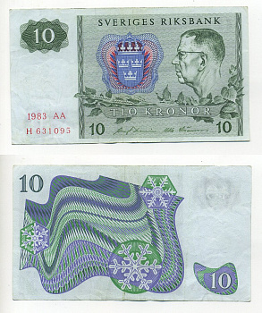 ШВЕЦИЯ 10 КРОН 1983 СЕРИЯ AA Pick 52e бумага 7203-75-1