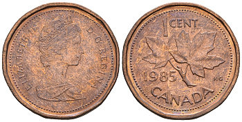 Канада 1 цент 1985 Елизавета II (1952-2022), кленовый лист KM 132 бронза 4609-216
