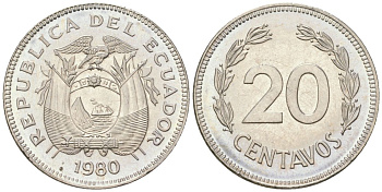 Эквадор 20 сентаво 1980 KM 77.2a сталь плакированная никелем aUNC 4611-716