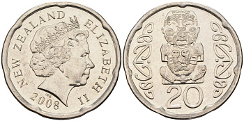 Новая Зеландия 20 центов 2008 Елизавета II (1952-2022), идол Пукаки KM 118а никелированная сталь 4579-1155