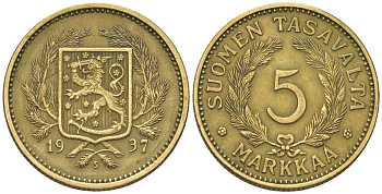 Финляндия 5 марок 1937 S KM 31 алюминиевая бронза 00-00