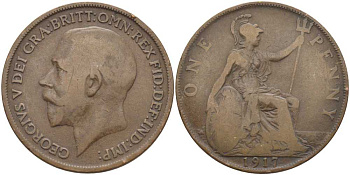 Великобритания 1 пенни 1917 Георг V (1910-1936) KM 810, Spink 4051 бронза 115-111