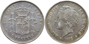 ИСПАНИЯ 5 ПЕСЕТ 1892 PG-M, АЛЬФОНСО XIII KM 700 серебро 02-252-35