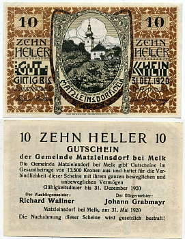 Австрия, Матцлейнсдорф (Мельк) 10 геллеров 1920 нотгельд бумага UNC 444-139-1