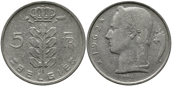 БЕЛЬГИЯ 5 ФРАНКОВ 1962 BELGIE KM 135.1 медно-никель 98-541