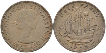 Великобритания 1/2 пенни 1958 Елизавета II (1952-2022) KM 896, Spink 4158 бронза 4544-115