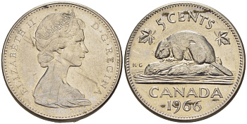Канада 5 центов 1966 Елизавета II (1952-2022), бобер KM 60.1 никель 67-525