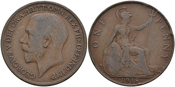 Великобритания 1 пенни 1918 Георг V (1910-1936) KM 810, Spink 4051 бронза 4144-822